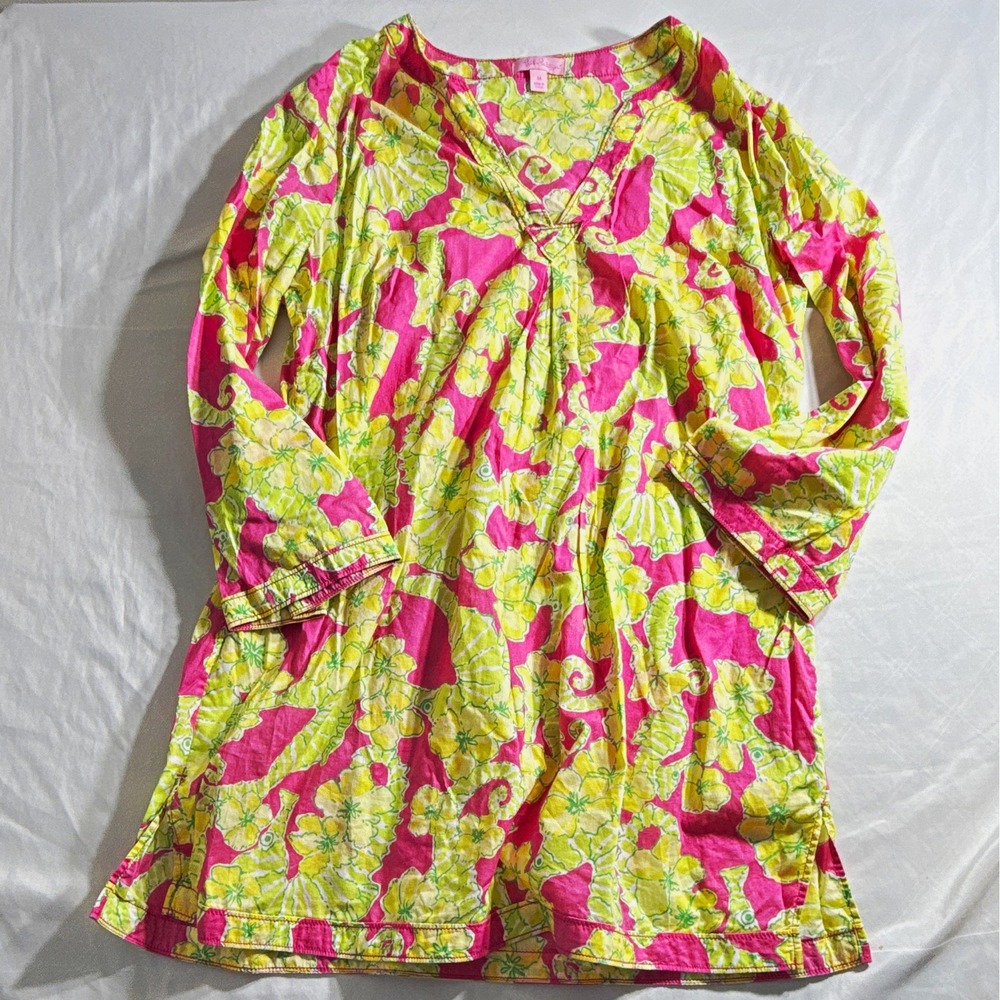 Lilly Pulitzer Women's Cotton Floral Tunic Blouse V-Neck 3/4 Sleeve Ruffle M